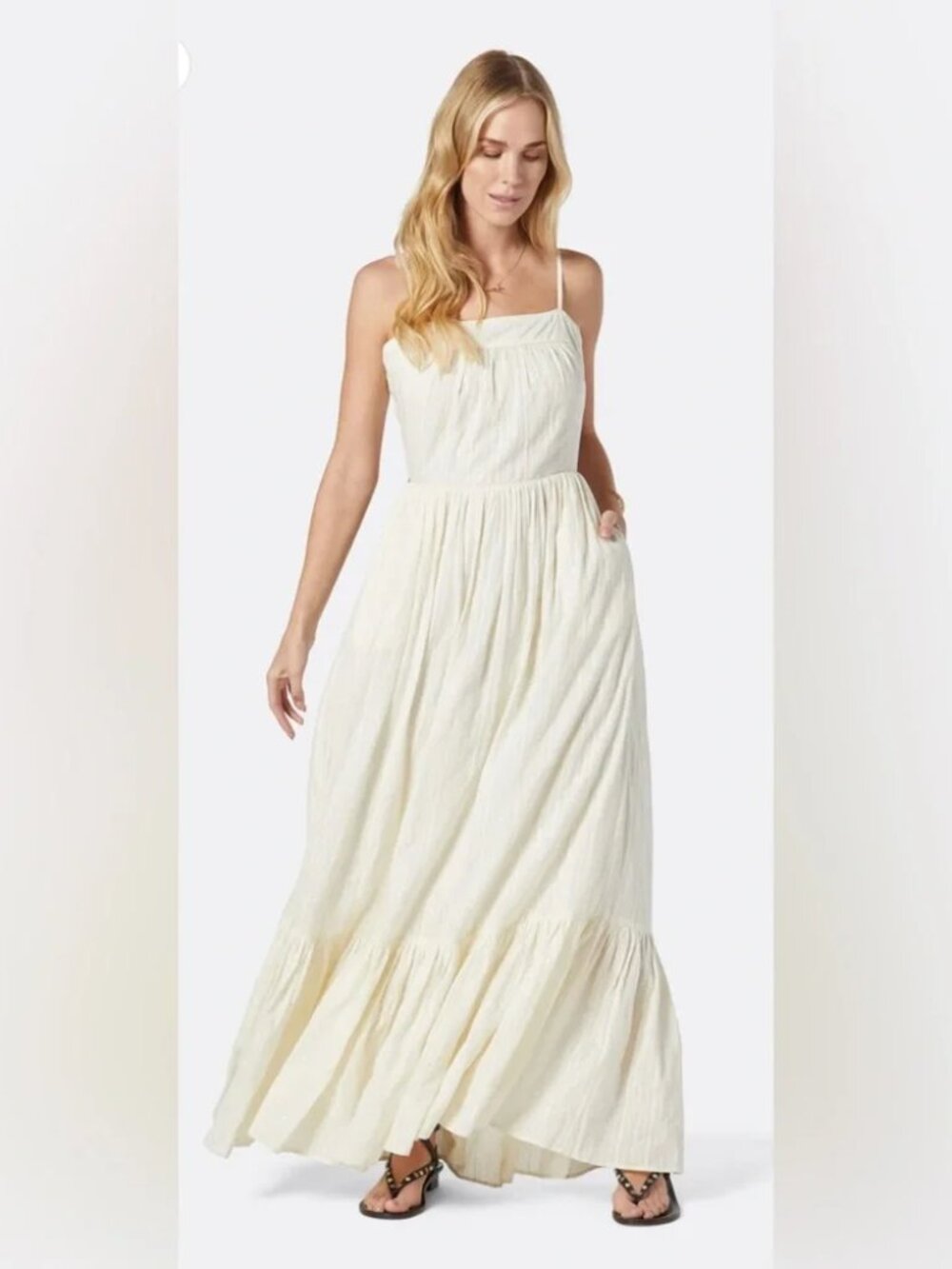 JOIE Elissabet Bow Tie Back Maxi Dress Ethereal Ivory Silver Beach vacay flowy M